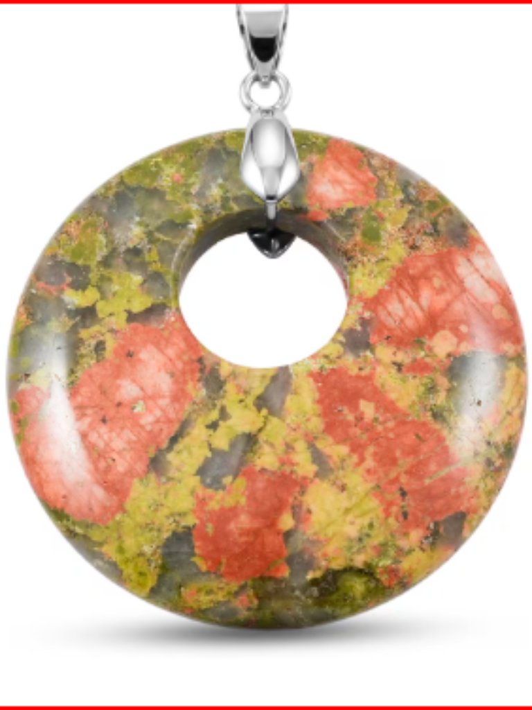 Unakite Donut Pendant In Silvertone With Stainless Steel Necklace